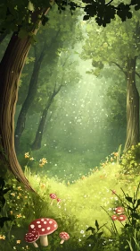 Enchanted Forest Clearing with Red Toadstool Mushrooms