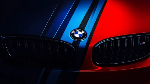 BMW M front grille close-up with blue and red lighting.