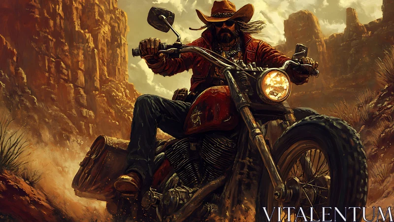 Dust-laced canyon ride with lone outlaw biker roaring forward.