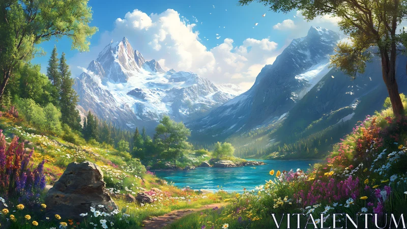 Sunlit alpine lake welcomes visitors with bright wildflowers