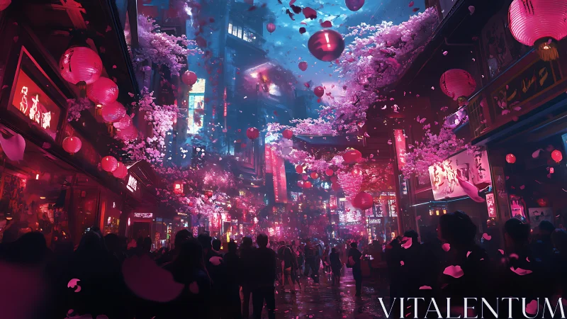 Cyberpunk cherry blossom arcade with neon lantern canopies.