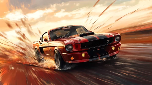 Red classic fastback car on wet road with motion blur.