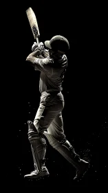 Luminous cricket striker carved from spotlight and shadow.