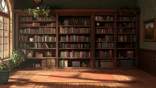 Sunlit wooden library interior with dense shelving and soft shadows