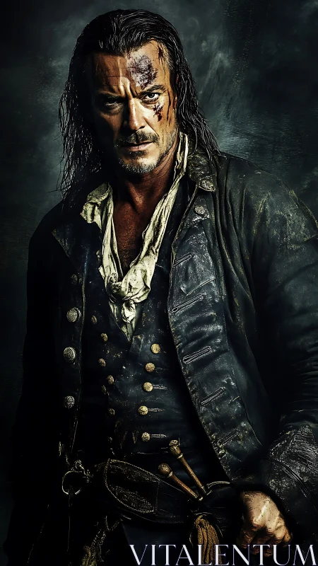 Weathered male figure in historical maritime attire portrait.