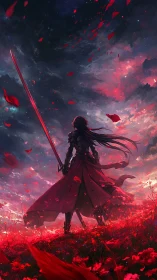 Lone swordsman in red field under dramatic twilight sky.