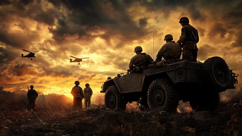 Armored patrol at sunset under dramatic burning skies.