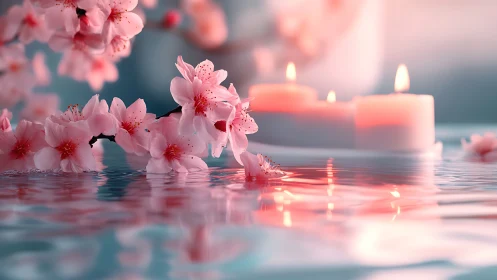 Photorealistic cherry blossoms and spa candles on reflective water.