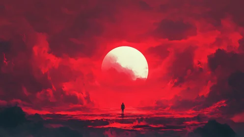 Solitary dreamer walks into the open mouth of a crimson sun