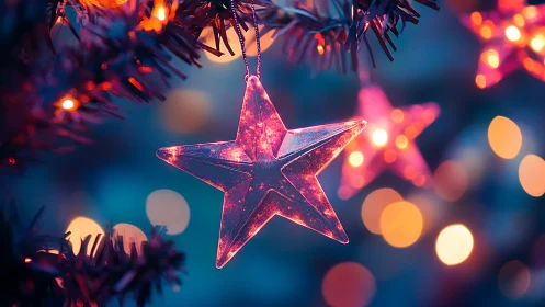 Transparent star ornament is suspended among defocused lights