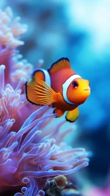 Orange clownfish amid violet sea anemone tentacles close-up