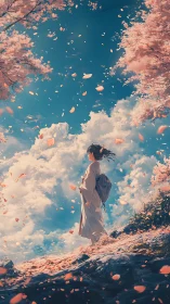 Petal-strewn skywalk where a serene wanderer meets spring.