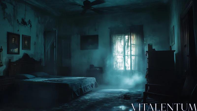 Moody abandoned bedroom interior with fog and backlit window