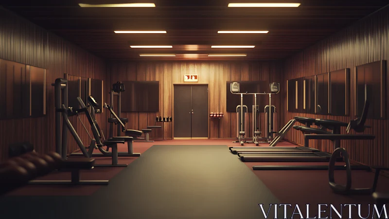 Modern wood-paneled gym interior shows aligned fitness machines
