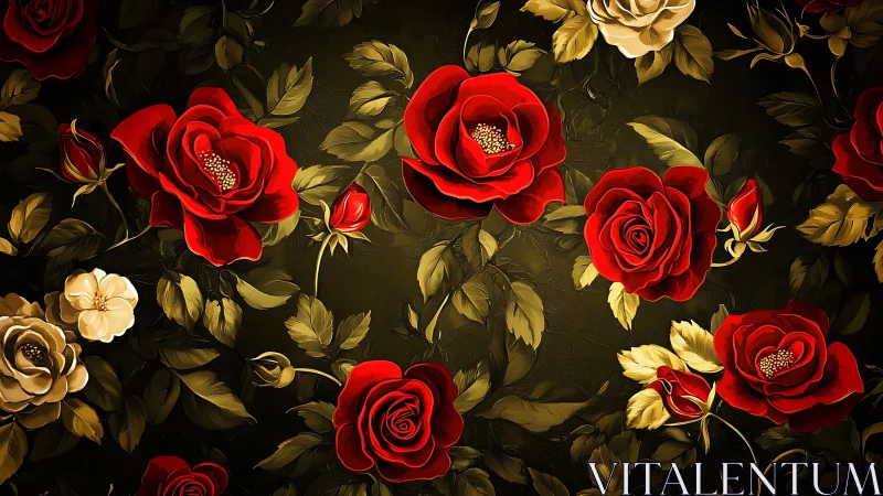 Crimson Roses with Golden Foliage Against Dark Botanical Background.