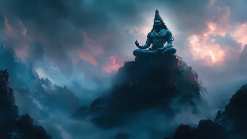 Mythic blue deity meditating above volumetric cloud chasms.