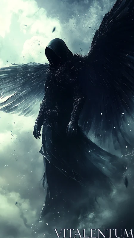Midnight reaper angel drifts through storm-lit celestial mist