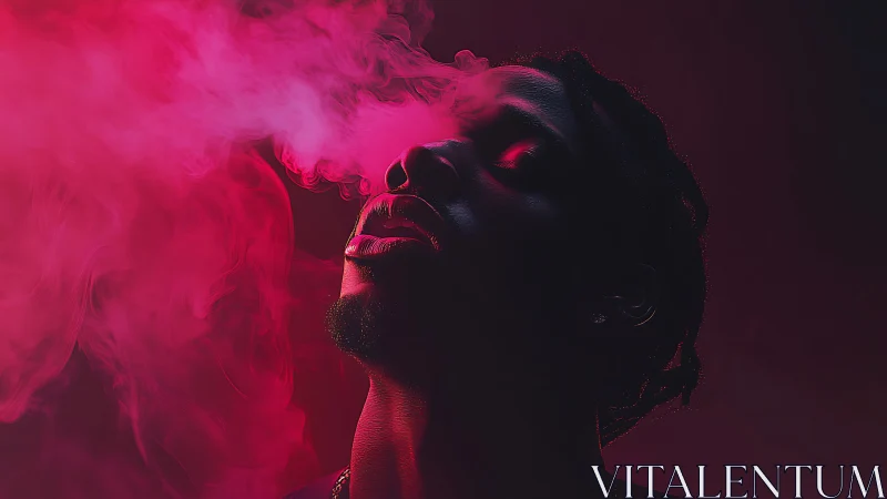 Neon haze enveloping a silhouetted man exhaling vapor.