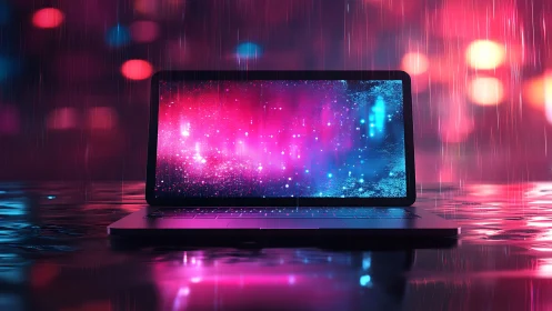 Backlit laptop in neon rain with bokeh reflections on water
