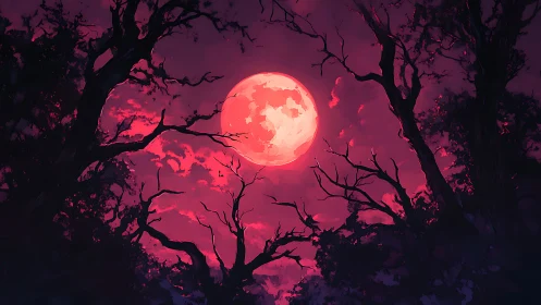 Blood moon rising above tangled haunted forest silhouettes.