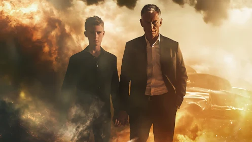 Two storm-steady figures stride from firelit wreckage