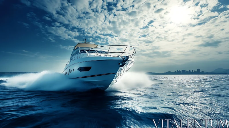 Planing motor yacht cutting dynamic wake under coastal sky.
