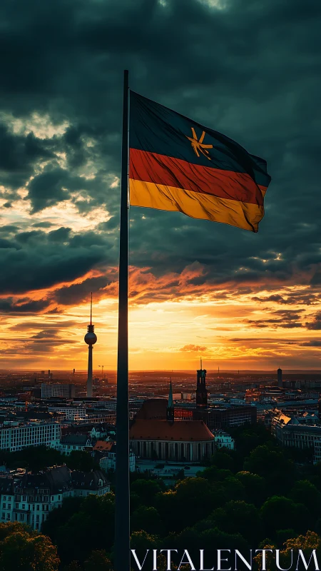 German cityscape and stylized flag rendered in dramatic sunset