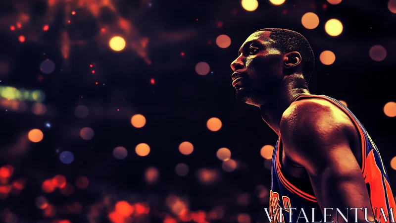 Basketball player under arena lights with glowing bokeh.
