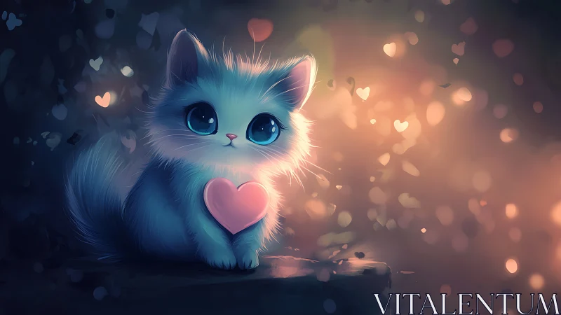 Luminous Cat with Heart: Digital Fantasy Portrait.