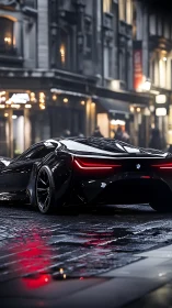 Black BMW concept coupe on wet city street at night scene.
