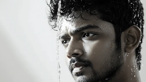 Hydrodynamic portrait study with directional rim lighting detail.