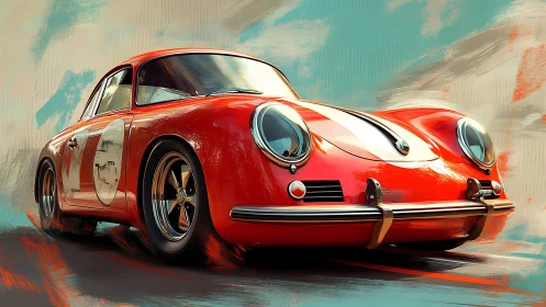 Vintage red race car surges forward in painterly motion