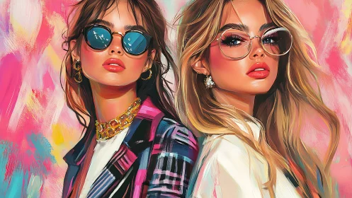 Stylized dual portrait with neon palette and high gloss rendering