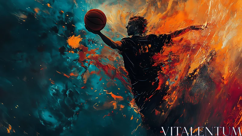 Fiery basketball leap through swirling color and motion.