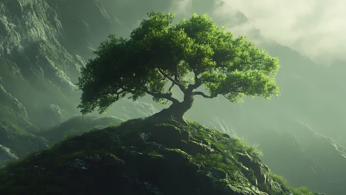 Solitary hilltop tree leans into mist and sculped green light