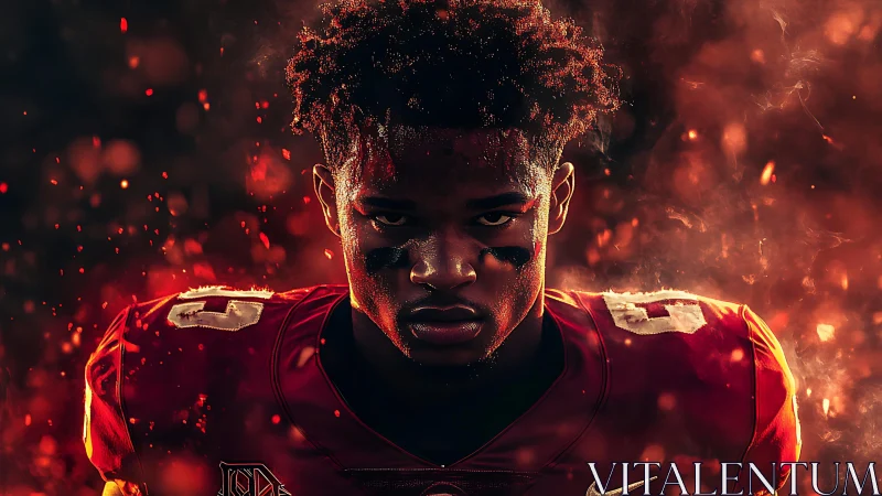Focused football player glowing in fiery game-day light.