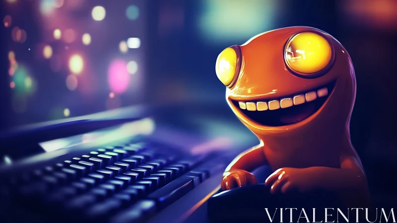 Orange cartoon creature at keyboard in blurred neon setting.