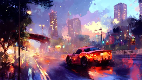 Red sports car on wet neon city street at dusk.