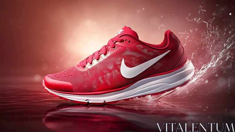 Red athletic running shoe on reflective splash surface.