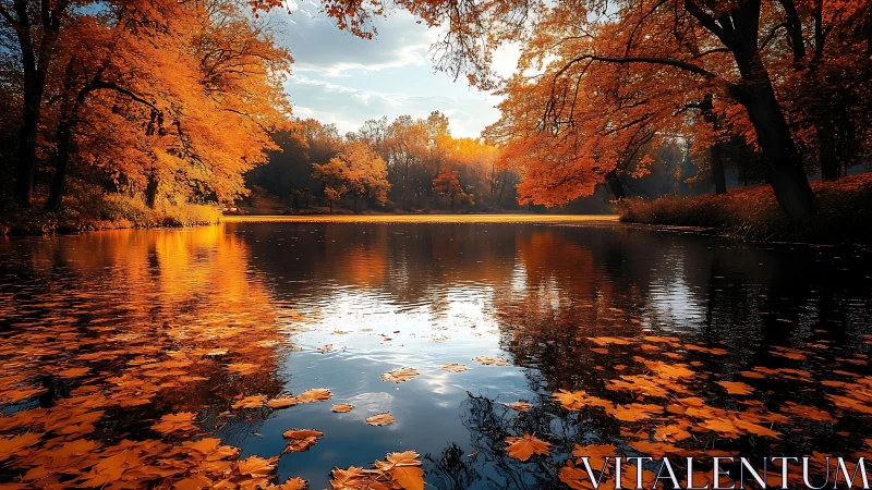 Golden autumn lake reflects glowing foliage at sunset