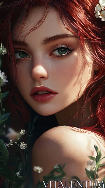 Soft sunlight kisses a freckled redhead framed by wildflowers