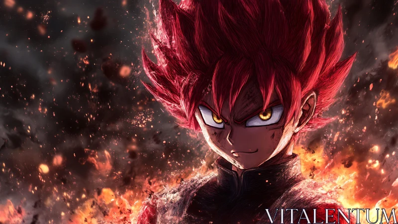 Fierce red haired hero stands blazing with fiery power