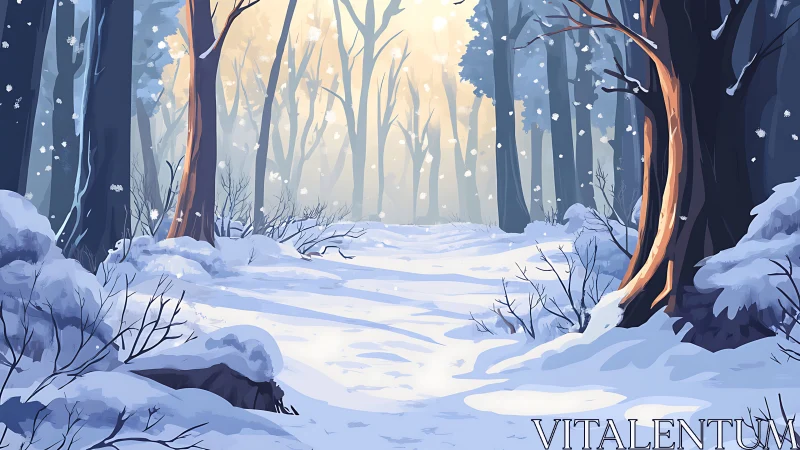 Snowy Forest Path Through Winter Trees.