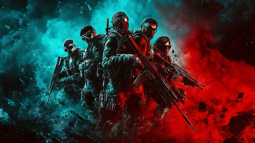 Squad of masked warriors crossing a storm of red and blue.