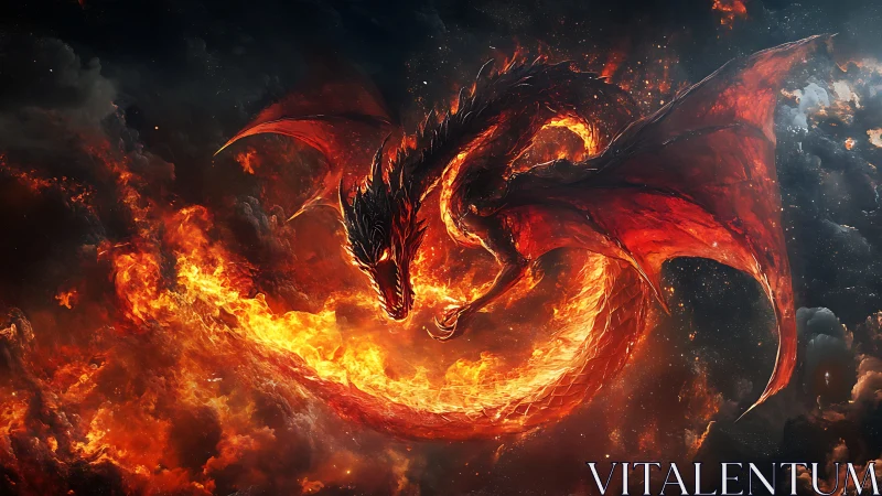 Inferno coil dragon carving a blazing halo through stormed sky.