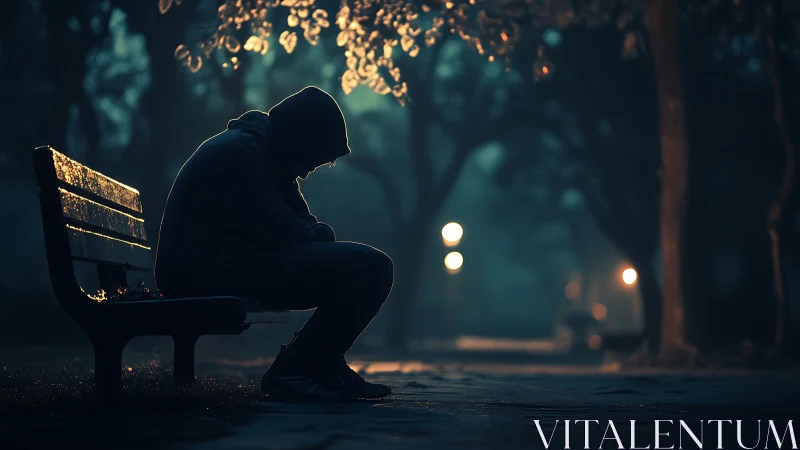 Hooded figure sits alone on wet bench under moody lights.