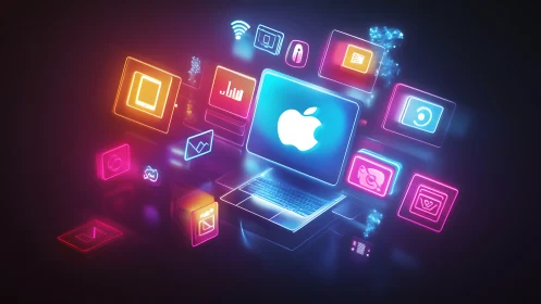 Glowing laptop welcomes a colorful world of digital icons