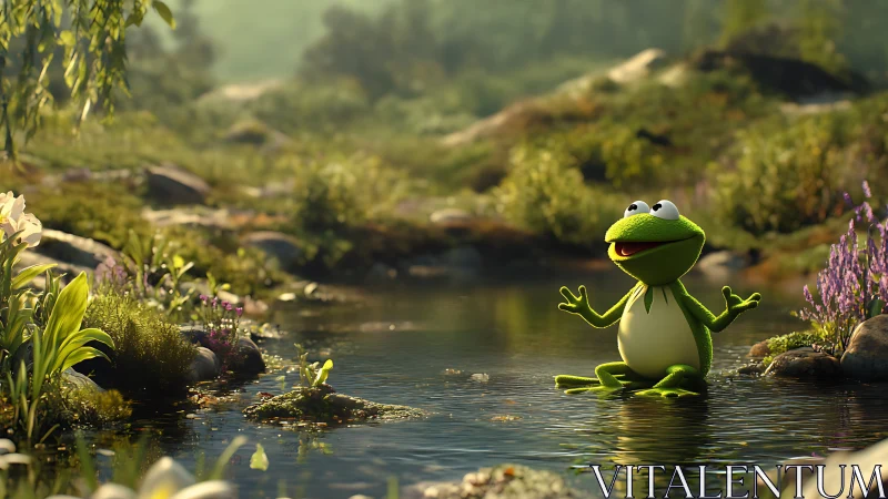Joy-splashing frog storyteller in golden forest stream.