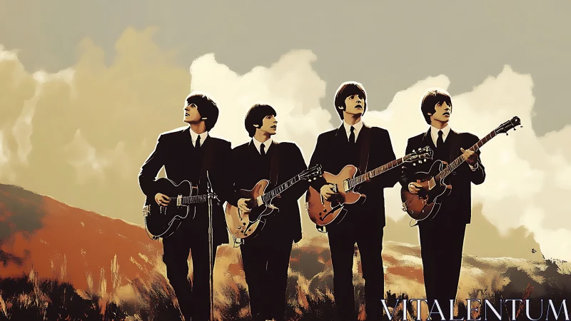 Four suited guitarists share a timeless moment under bright skies