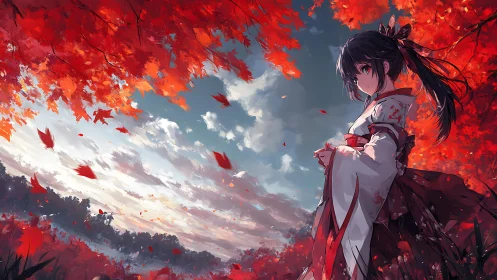 Autumn kimono girl under blazing red maple canopy.